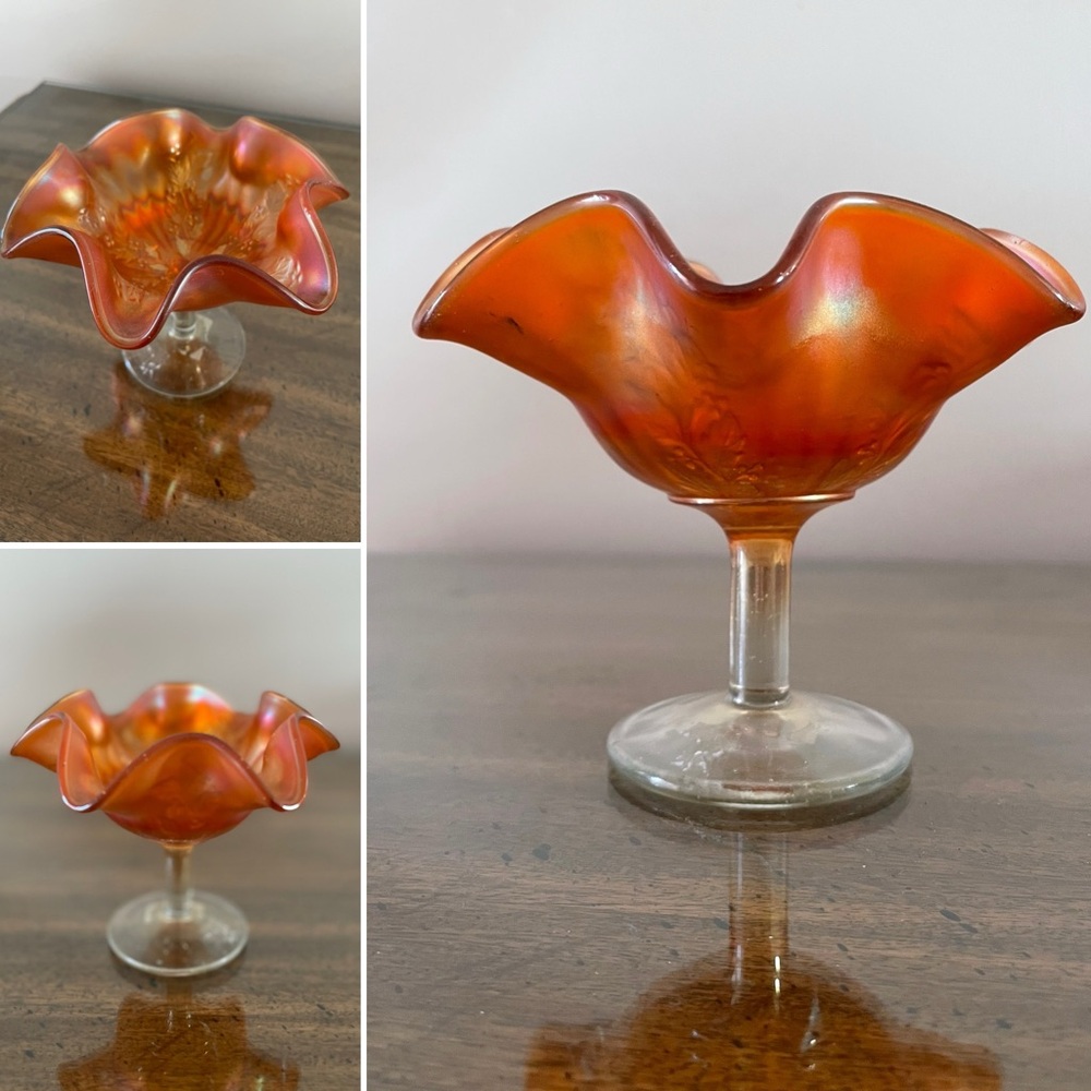 VTG Fenton Marigold Iridescent Mid-Century Carnival Glass Footed Compote Holly